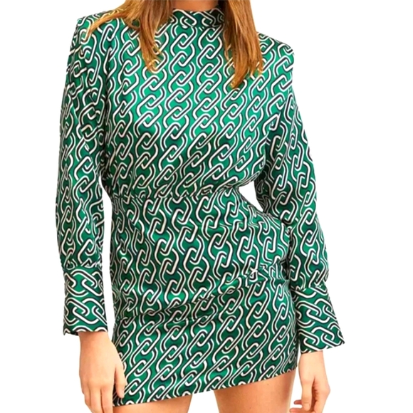 MNG Mango Green Chain Print Long Sleeve Dress - Picture 1 of 9